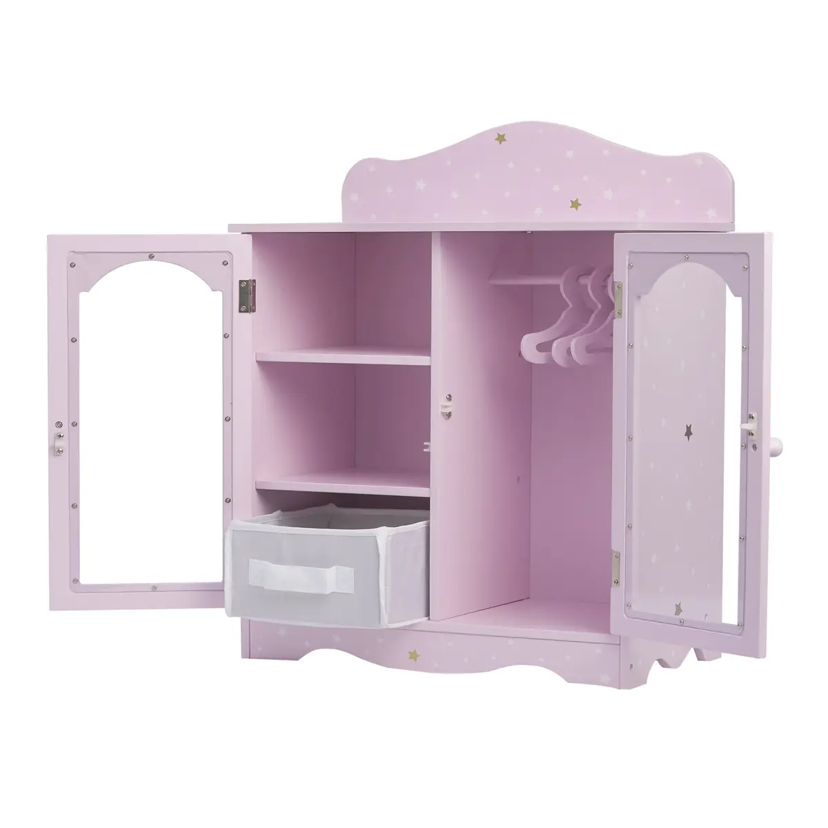 Olivia's Little World Twinkle Stars 18" Doll Closet with 3 Hangers, Shelves, & Canvas Bin, Purple | Doll Storage for Accessories & Clothes - view 9