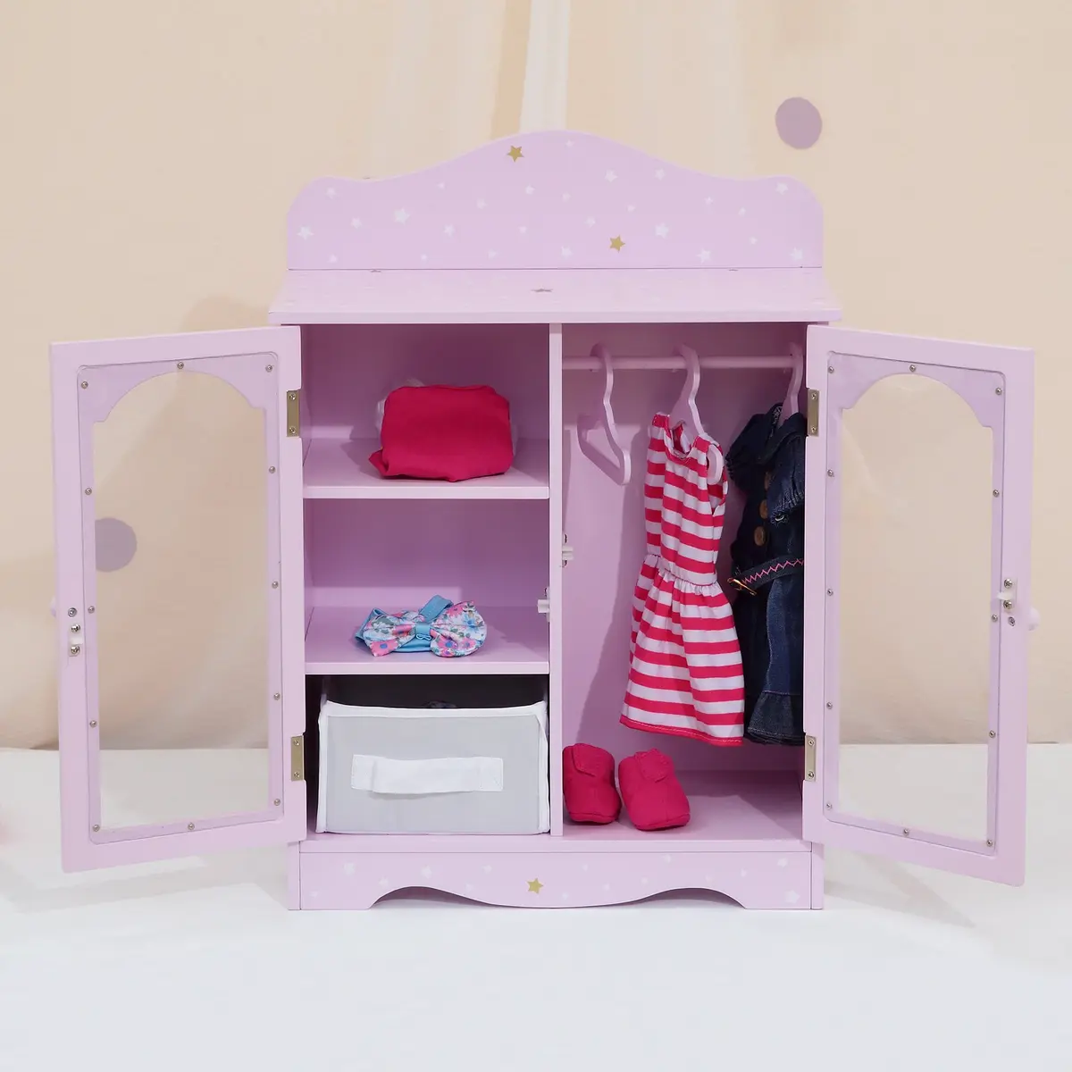 Olivia's Little World Twinkle Stars 18" Doll Closet with 3 Hangers, Shelves, & Canvas Bin, Purple | Doll Storage for Accessories & Clothes - view 4