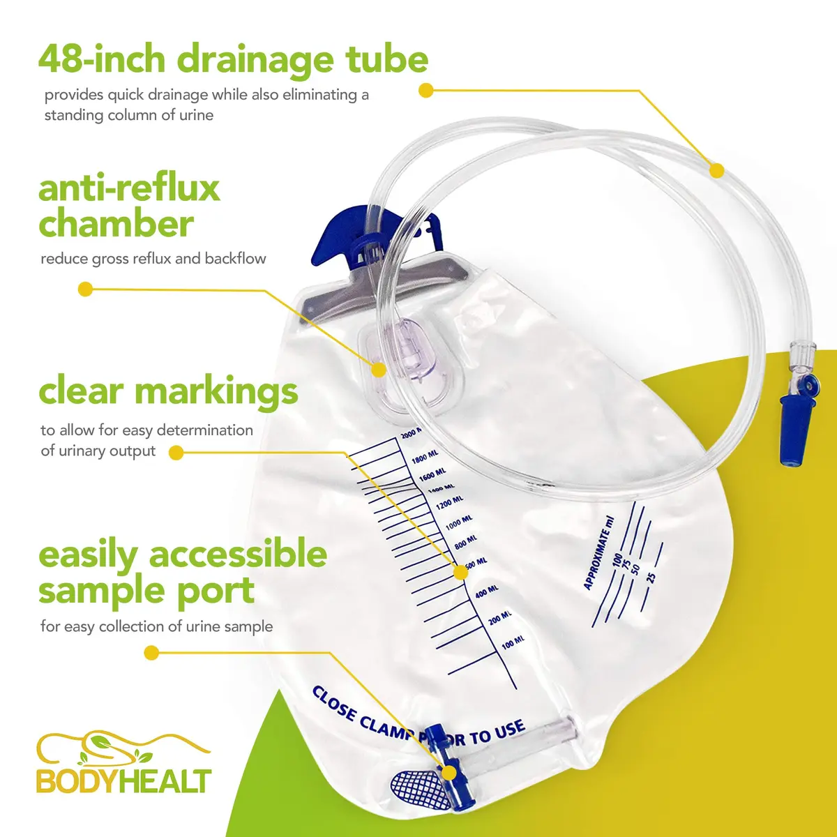 BodyHealt Urinary Drainage Bag with Anti-Reflux Chamber, 2000 mL Vinyl with 48" Drainage | Leak-Resistant, Odor Containment, 2 Pack - view 5