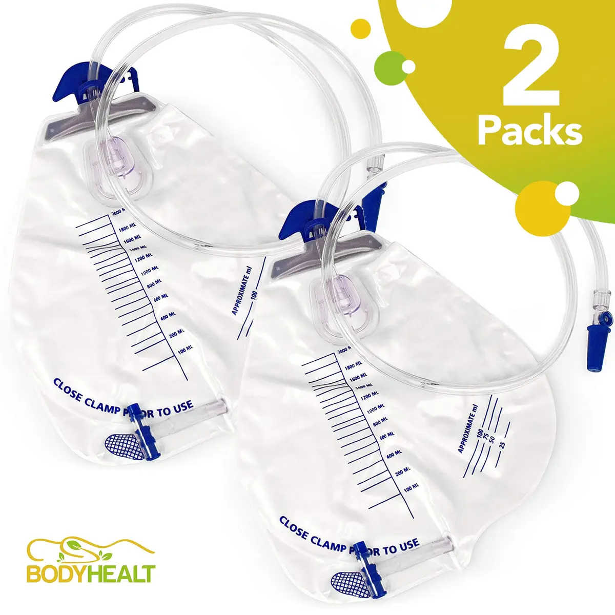 BodyHealt Urinary Drainage Bag with Anti-Reflux Chamber, 2000 mL Vinyl with 48" Drainage | Leak-Resistant, Odor Containment, 2 Pack - view 2