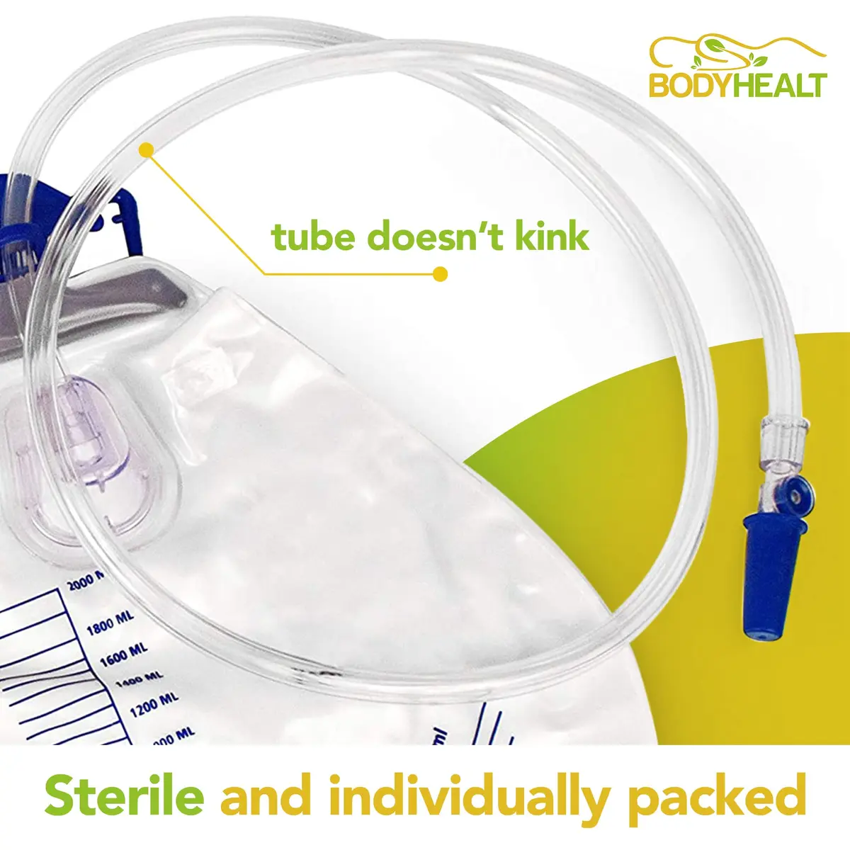 BodyHealt Urinary Drainage Bag with Anti-Reflux Chamber, 2000 mL Vinyl with 48" Drainage | Leak-Resistant, Odor Containment, 2 Pack - view 3