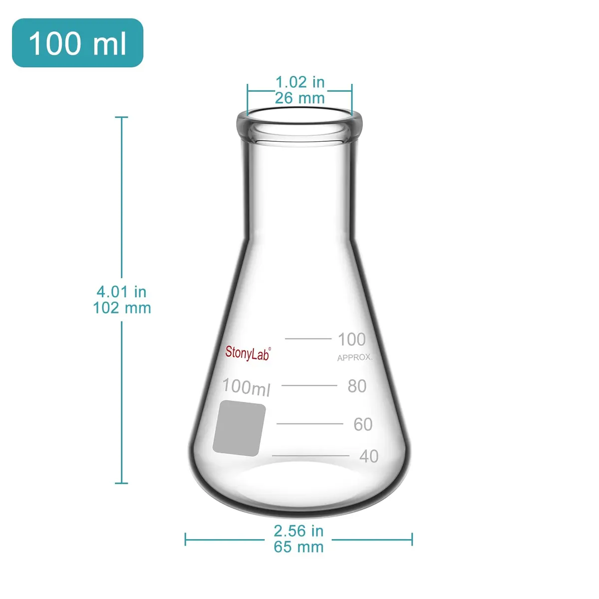 stonylab 100 ml Narrow Mouth Erlenmeyer Glass Flask | Heavy Duty Rim, Borosilicate - view 2