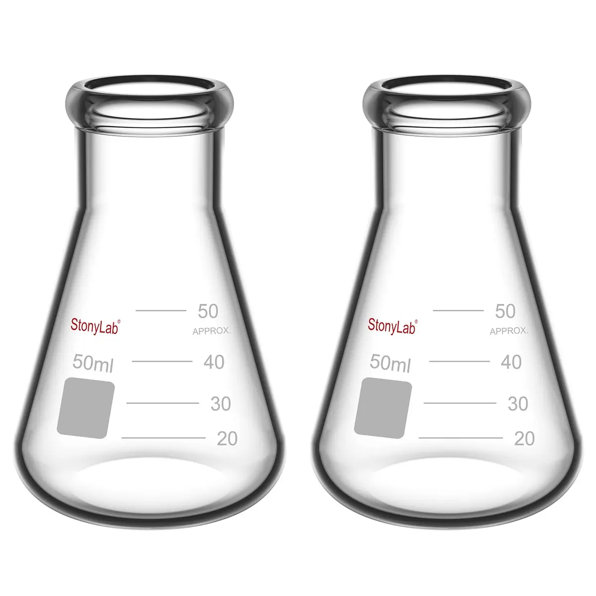StonyLab 2-Pack Glass 50ml Heavy Wall Narrow Mouth Erlenmeyer Flasks | Borosilicate Labware for Precise Experiments - main product image