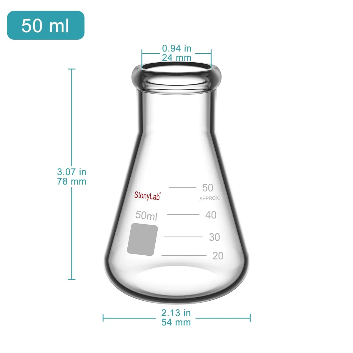 StonyLab 2-Pack Glass 50ml Heavy Wall Narrow Mouth Erlenmeyer Flasks | Borosilicate Labware for Precise Experiments - view 2