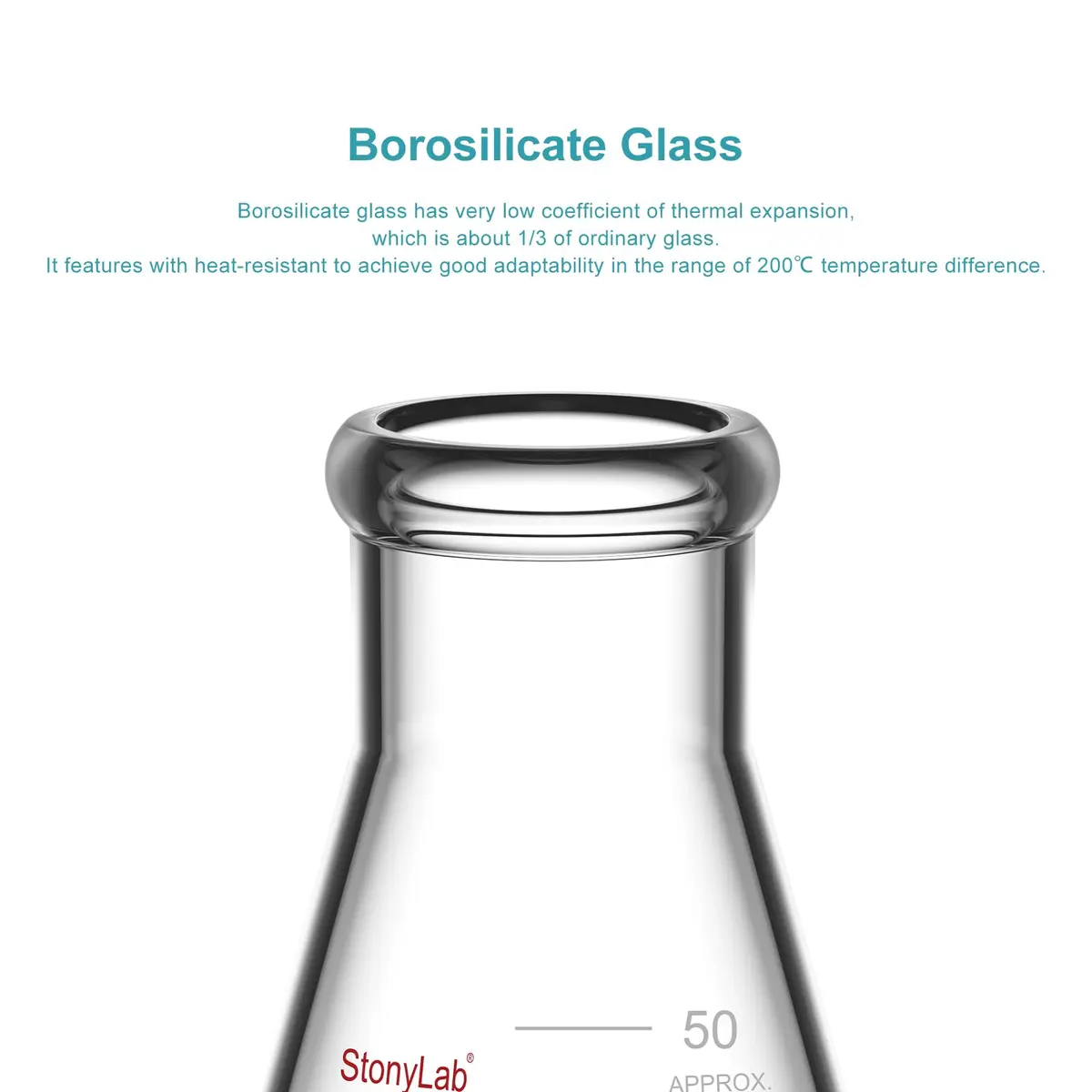 StonyLab 2-Pack Glass 50ml Heavy Wall Narrow Mouth Erlenmeyer Flasks | Borosilicate Labware for Precise Experiments - view 3