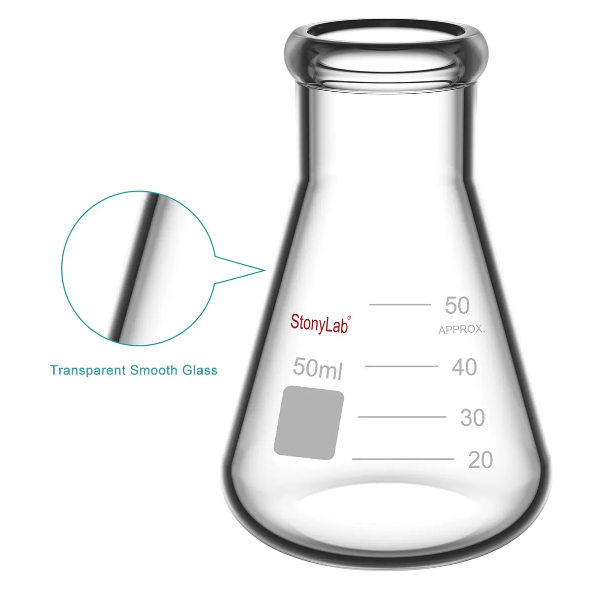 StonyLab 2-Pack Glass 50ml Heavy Wall Narrow Mouth Erlenmeyer Flasks | Borosilicate Labware for Precise Experiments - view 4