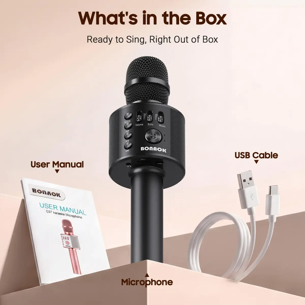 BONAOK Wireless Bluetooth Karaoke Microphone Q37 Black | Portable Handheld Mic Speaker for Smartphones & Parties - view 7