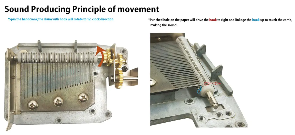 Wingostore 30 Notes Hand Crank Music Box Movement with Copper Gear | DIY Musical Tool Kit - view 5