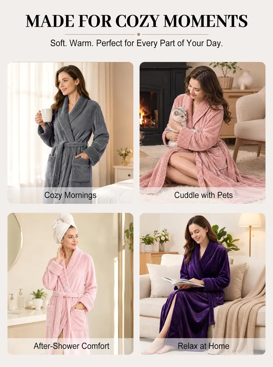 Artfasion Women's Long Flannel Bathrobe Ultra Soft Plush Microfiber Fleece Robe, Purple, Large/X-Large - view 5