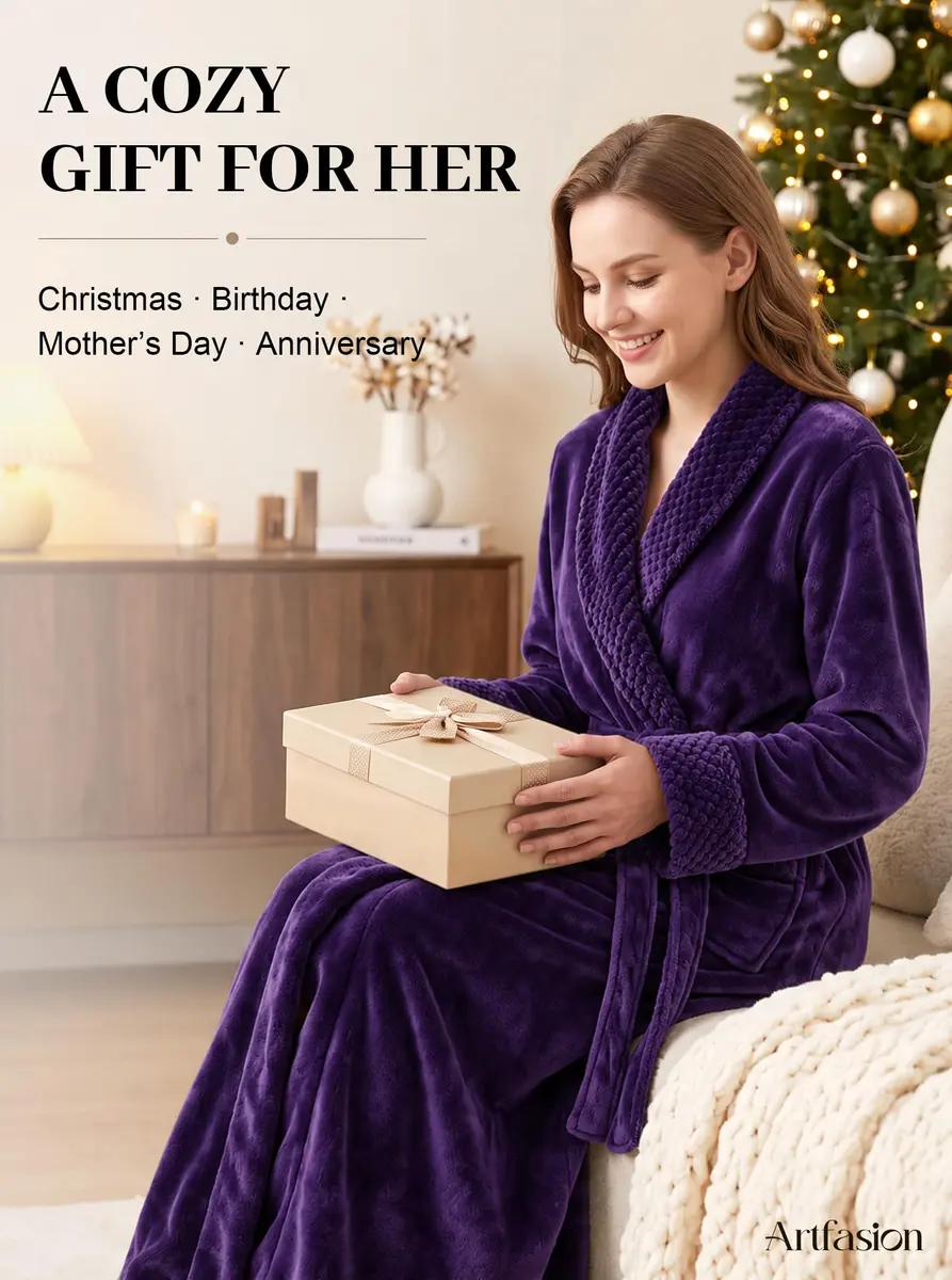 Artfasion Women's Long Flannel Bathrobe Ultra Soft Plush Microfiber Fleece Robe, Purple, Large/X-Large - view 6