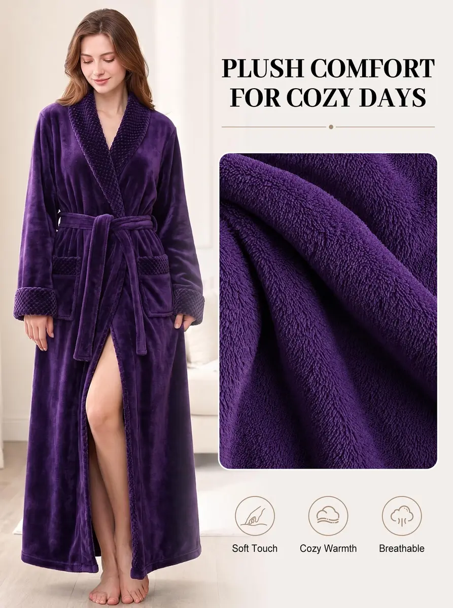 Artfasion Women's Long Flannel Bathrobe Ultra Soft Plush Microfiber Fleece Robe, Purple, Large/X-Large - view 2