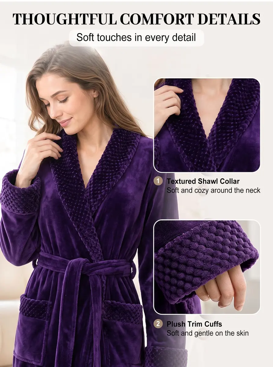 Artfasion Women's Long Flannel Bathrobe Ultra Soft Plush Microfiber Fleece Robe, Purple, Large/X-Large - view 3