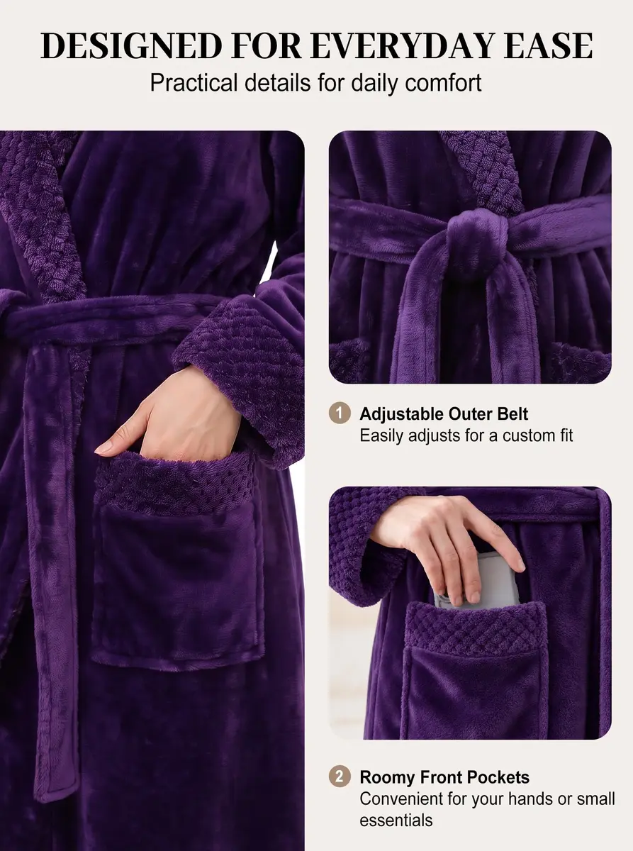 Artfasion Women's Long Flannel Bathrobe Ultra Soft Plush Microfiber Fleece Robe, Purple, Large/X-Large - view 4