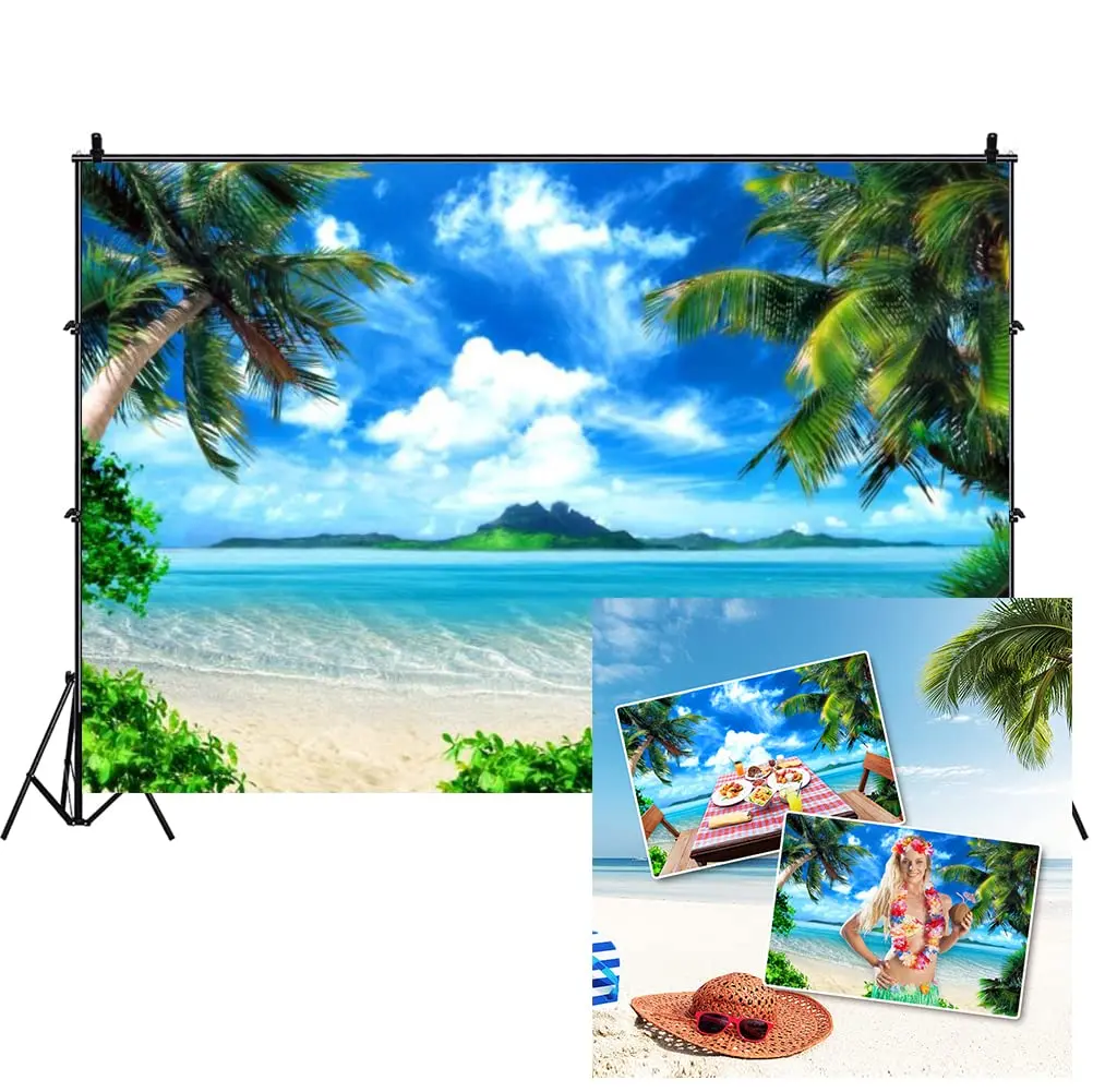AOFOTO 10x8ft Tropical Beach Backdrop Summer Hawaii Palm Tree Photo Backdrops Sea Blue Sky Ocean Hawaiian Luau Party Background Seaside Vacation Wedding Birthday Banner Supplies Photo Shoot Props | Vibrant, Wrinkle-Free Vinyl - main product image