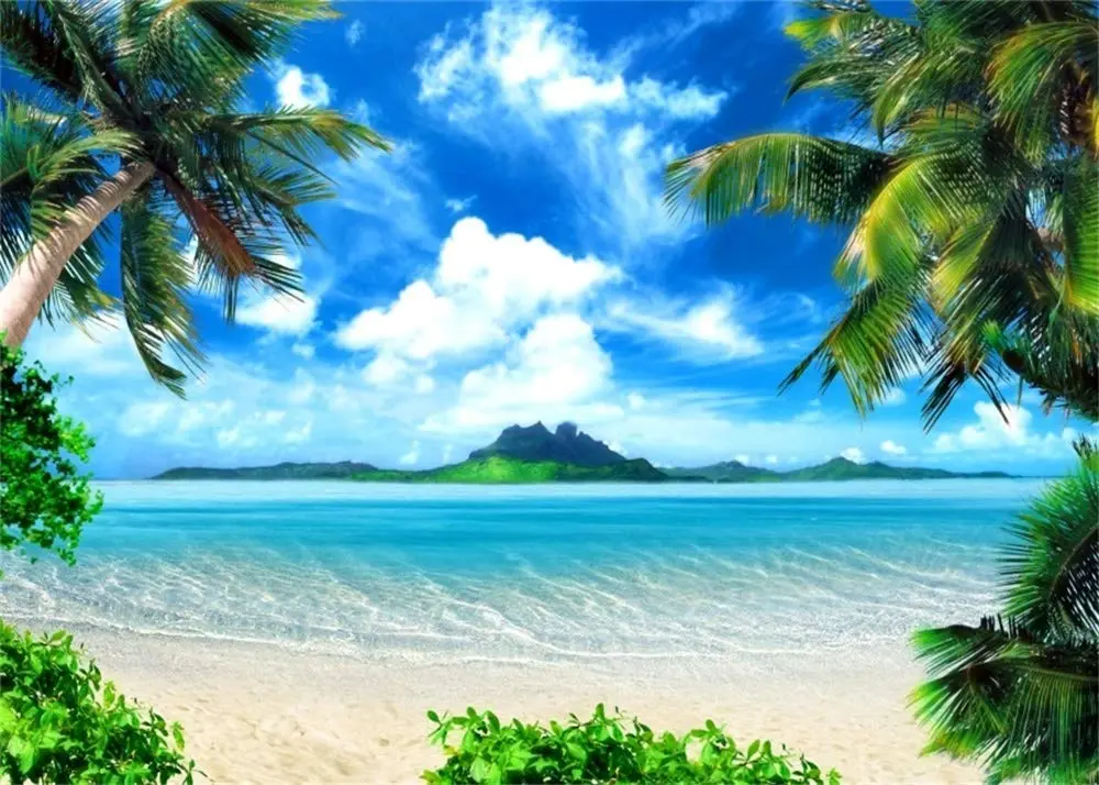 AOFOTO 10x8ft Tropical Beach Backdrop Summer Hawaii Palm Tree Photo Backdrops Sea Blue Sky Ocean Hawaiian Luau Party Background Seaside Vacation Wedding Birthday Banner Supplies Photo Shoot Props | Vibrant, Wrinkle-Free Vinyl - view 2