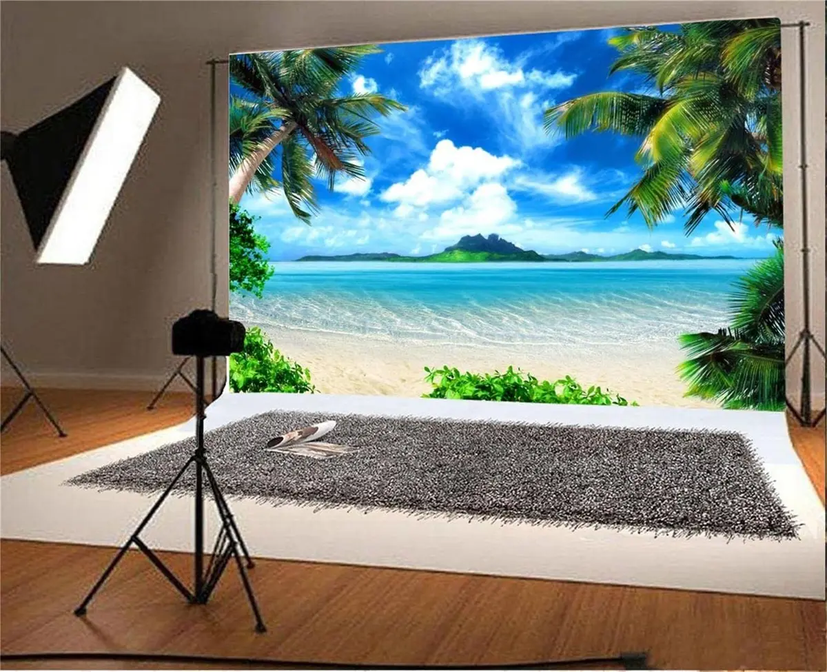 AOFOTO 10x8ft Tropical Beach Backdrop Summer Hawaii Palm Tree Photo Backdrops Sea Blue Sky Ocean Hawaiian Luau Party Background Seaside Vacation Wedding Birthday Banner Supplies Photo Shoot Props | Vibrant, Wrinkle-Free Vinyl - view 3