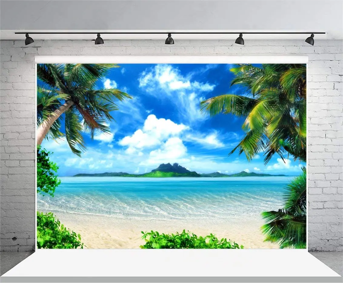 AOFOTO 10x8ft Tropical Beach Backdrop Summer Hawaii Palm Tree Photo Backdrops Sea Blue Sky Ocean Hawaiian Luau Party Background Seaside Vacation Wedding Birthday Banner Supplies Photo Shoot Props | Vibrant, Wrinkle-Free Vinyl - view 4