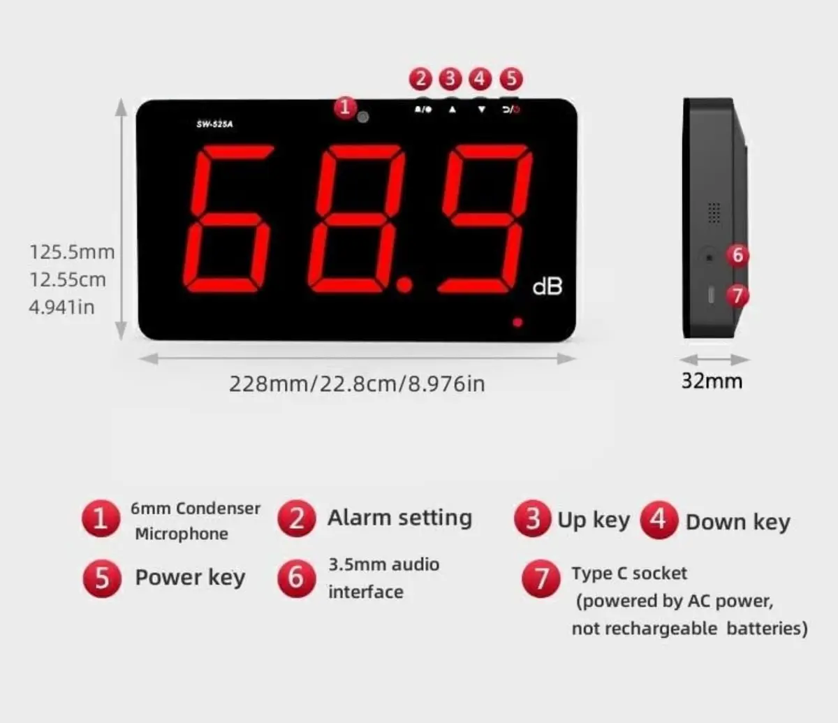 TestHelper SW-525A Sound Level Meter 30-130dB Large Screen Red LCD Wall Hanging - view 2