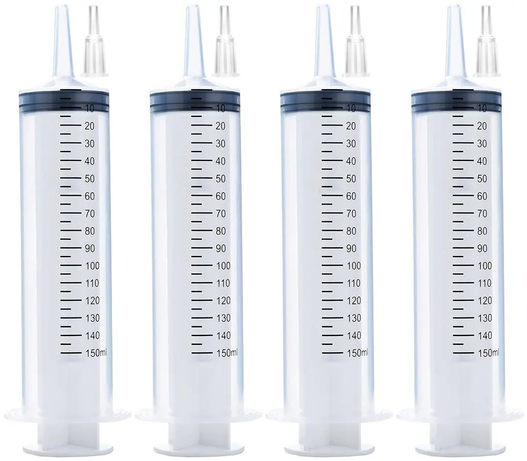 A AKRAF 150ml Syringe with Tip Adapter | Industrial Lab & Garden Use, 4 Pack, Large Plastic Syringes for Scientific & Watering Tasks - main product image