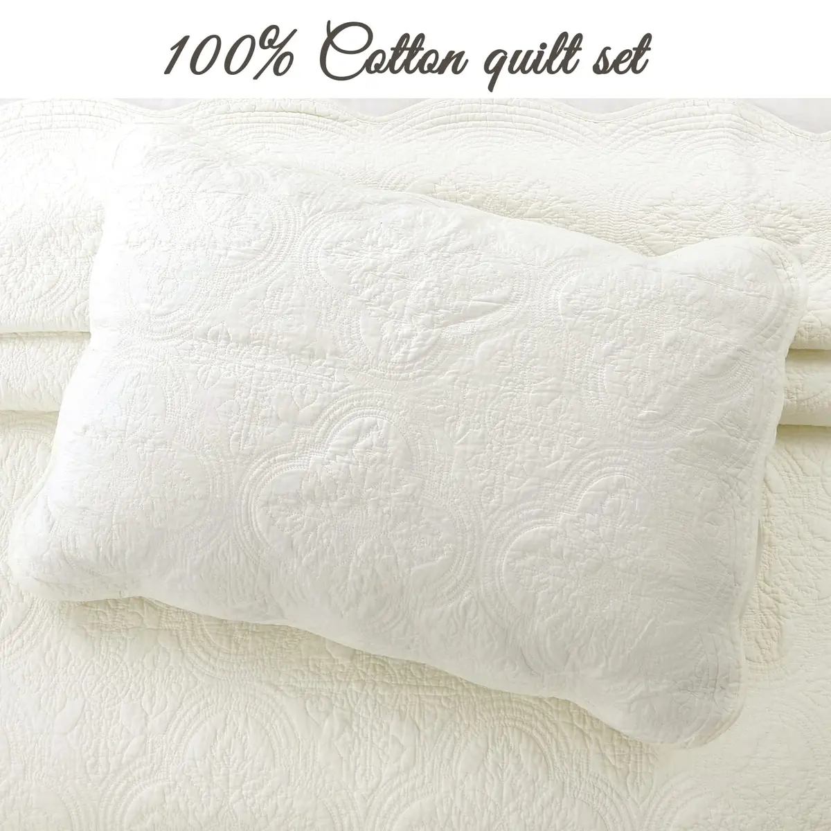 Cozy Line Home Fashions 100% Cotton Medallion Off White Quilt Set | Reversible Lightweight Bedspread for All Seasons - view 2