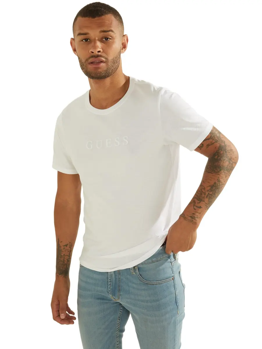 GUESS Mens Essentials Short Sleeve Embroidered Logo Crew Shirt, Pure White, Medium US | Classic Cotton Fit - main product image
