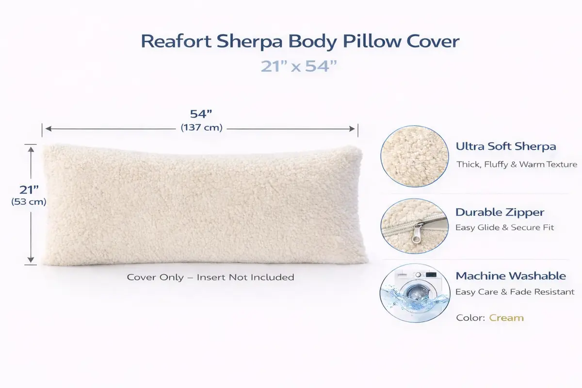 Reafort Sherpa Body Pillow Cover 21"x54" | Ultra Soft Plush Zipper Closure (Cream) - view 2