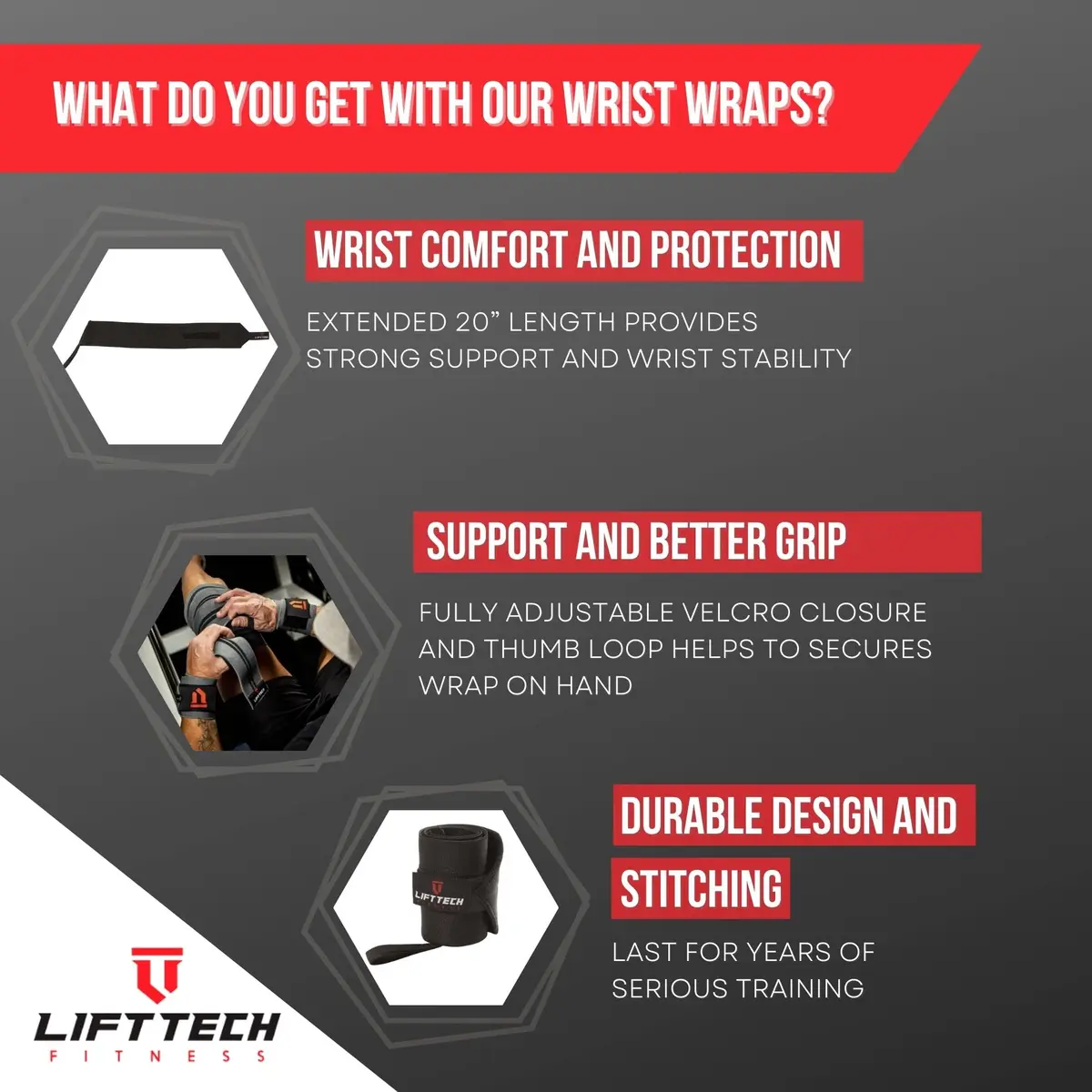 Lift Tech Fitness PRO 20'' Lifting Wrist Wraps | Black Support for Heavy Lifting & Powerlifting - view 3