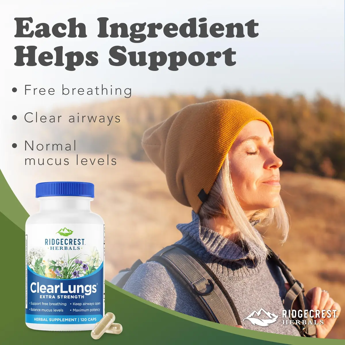 RidgeCrest Herbals ClearLungs Extra Strength Lung Support 120 Ct | Natural Respiratory Aid for Adults - view 2
