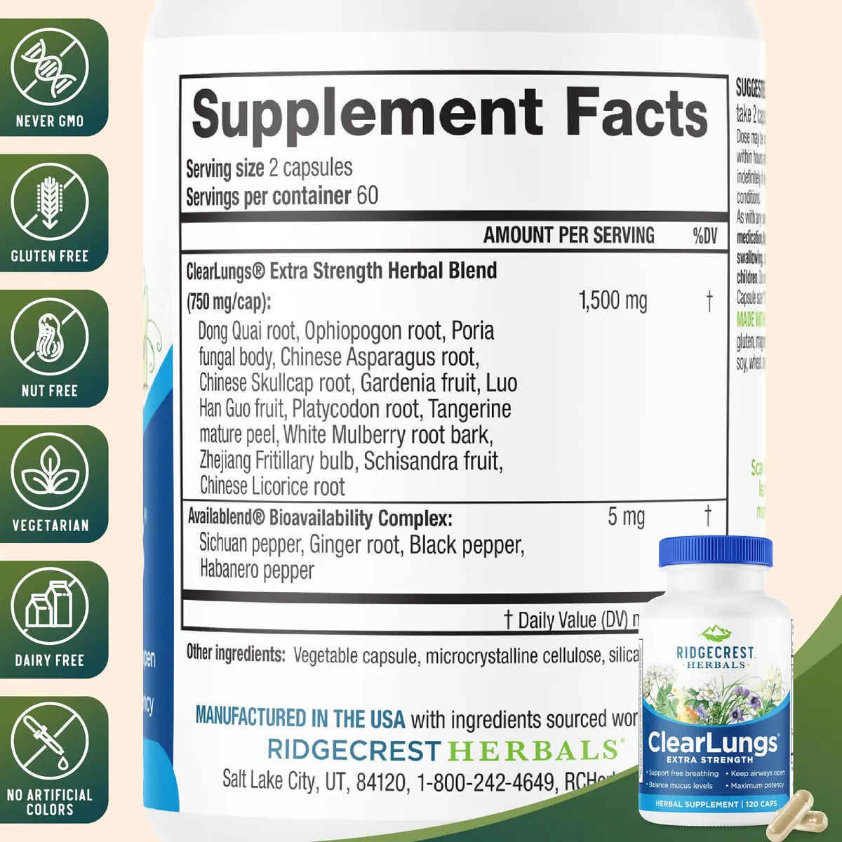 RidgeCrest Herbals ClearLungs Extra Strength Lung Support 120 Ct | Natural Respiratory Aid for Adults - view 3