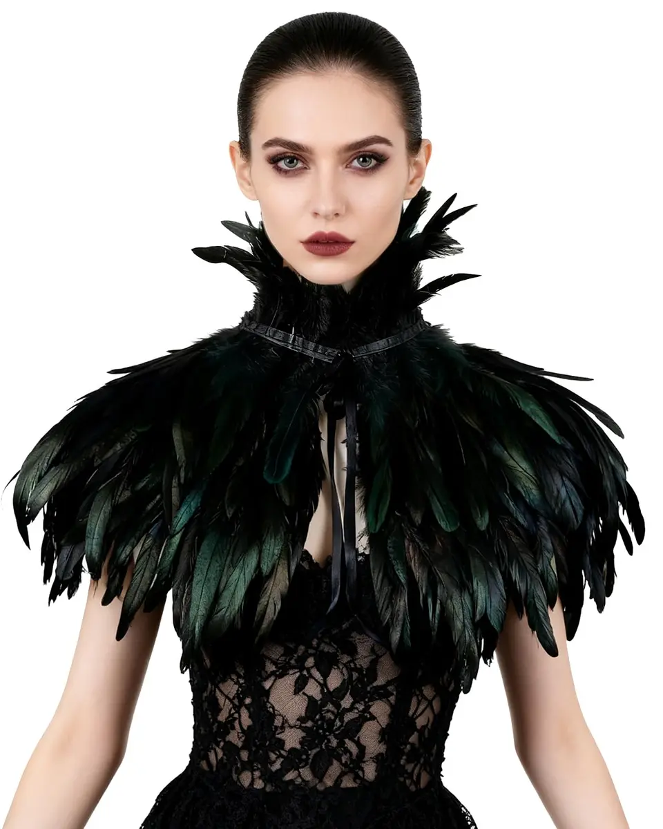 L'VOW Gothic Black Feather Cape Shawl Shrug Poncho with Choker Collar | Dramatic Feather Cape for Cosplay & Halloween - main product image