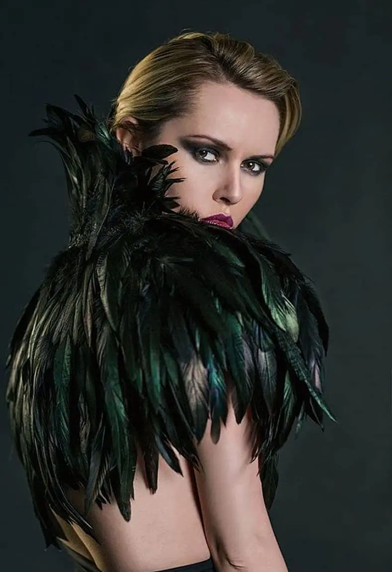 L'VOW Gothic Black Feather Cape Shawl Shrug Poncho with Choker Collar | Dramatic Feather Cape for Cosplay & Halloween - view 6