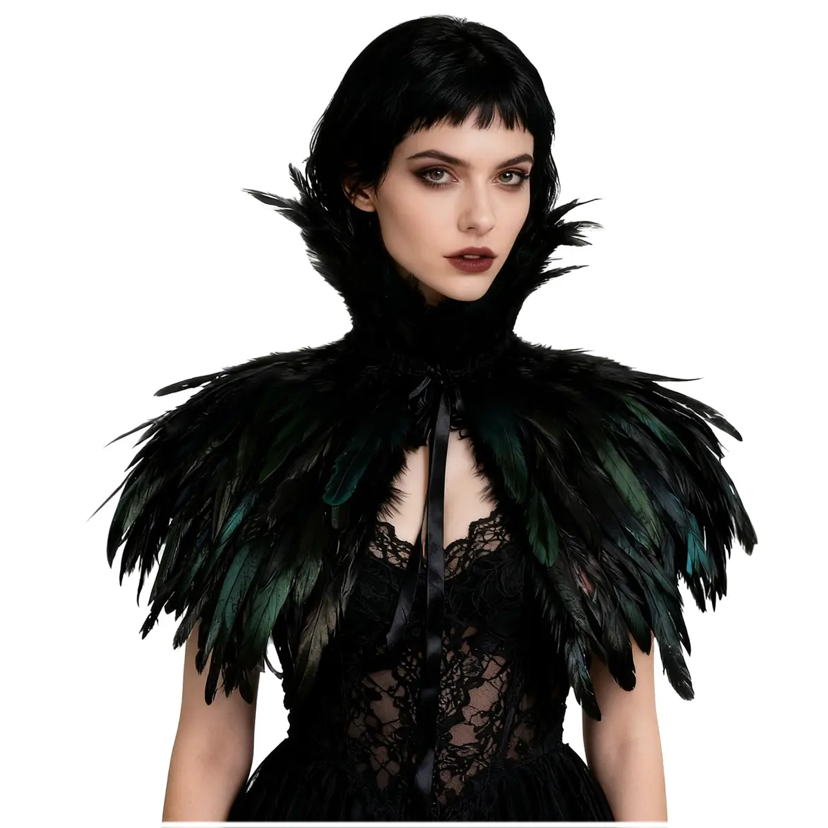 L'VOW Gothic Black Feather Cape Shawl Shrug Poncho with Choker Collar | Dramatic Feather Cape for Cosplay & Halloween - view 2