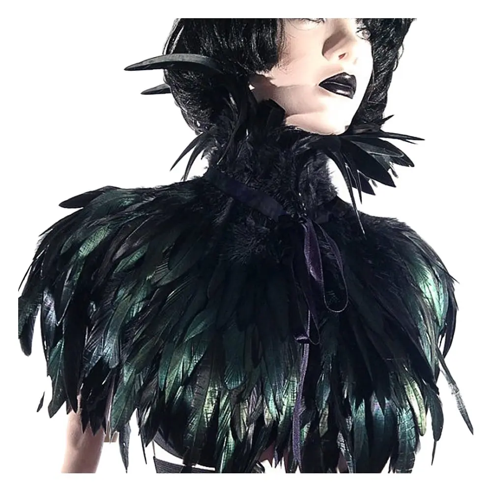 L'VOW Gothic Black Feather Cape Shawl Shrug Poncho with Choker Collar | Dramatic Feather Cape for Cosplay & Halloween - view 3