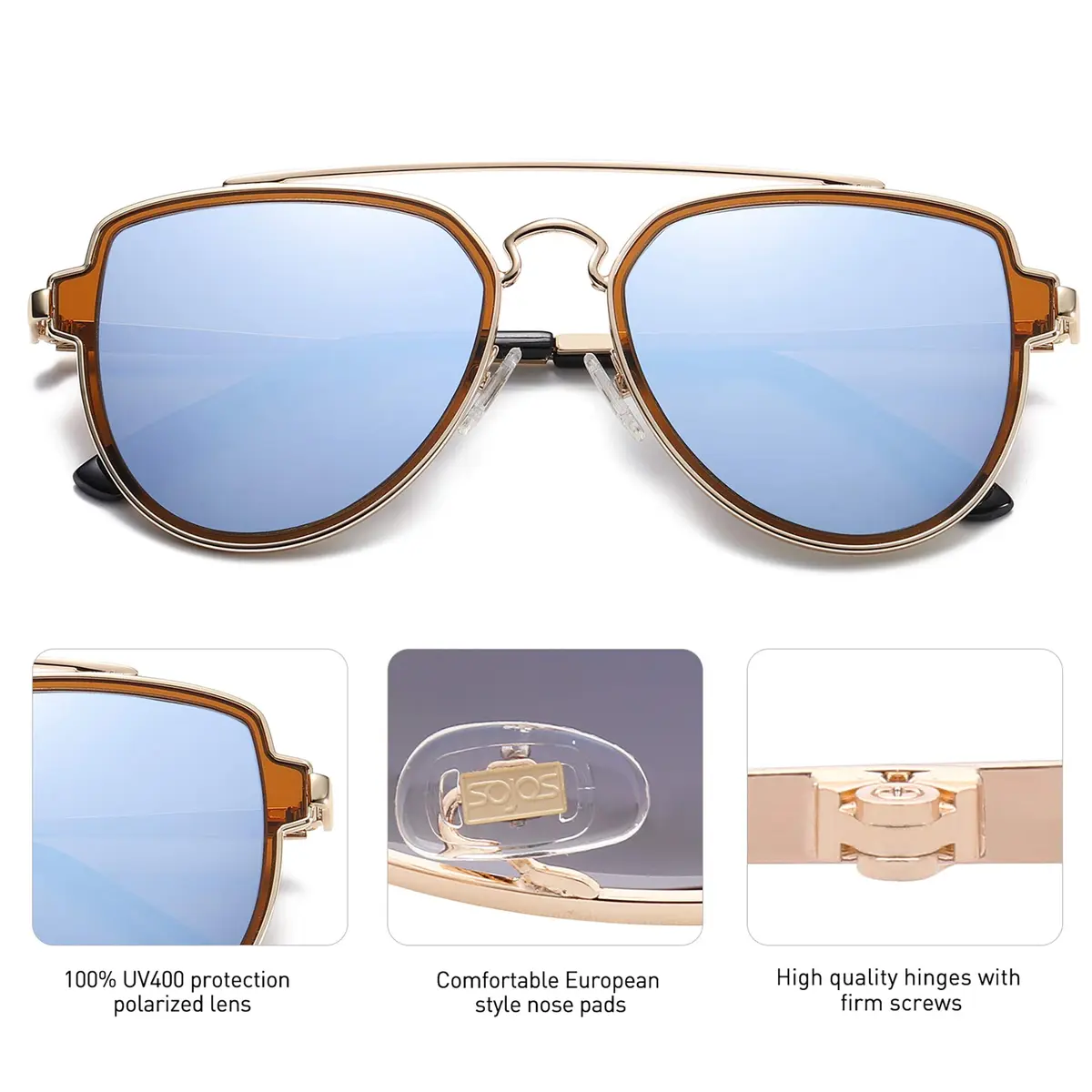 SOJOS Retro Polarized Double Bridge Sunglasses for Men Women SJ1051 | 63mm (2.48in) Lens Width - view 3