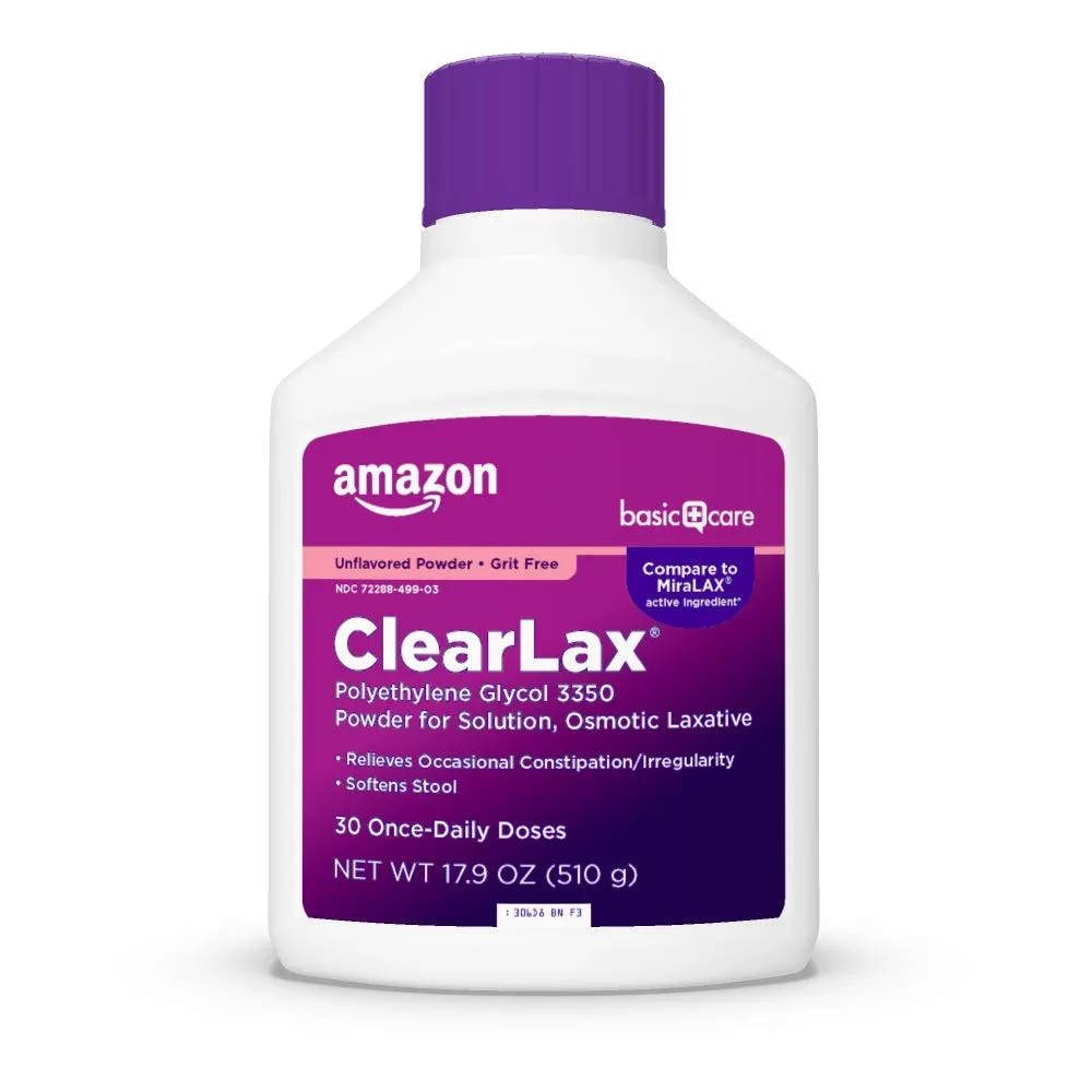 Amazon Basic Care ClearLax Polyethylene Glycol 3350 Powder for Solution, Unflavored, 1.11 lb (503 g) | Osmotic Laxative for Adults & Children 17+ - main product image