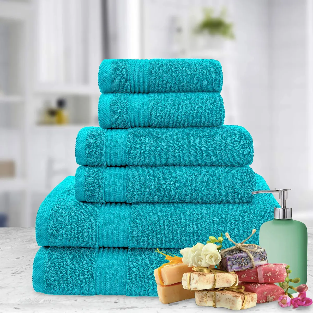 American Veteran Towel 6 Piece Set | 600 GSM Turkish Cotton Bath & Hand Towels Aqua Blue - view 4