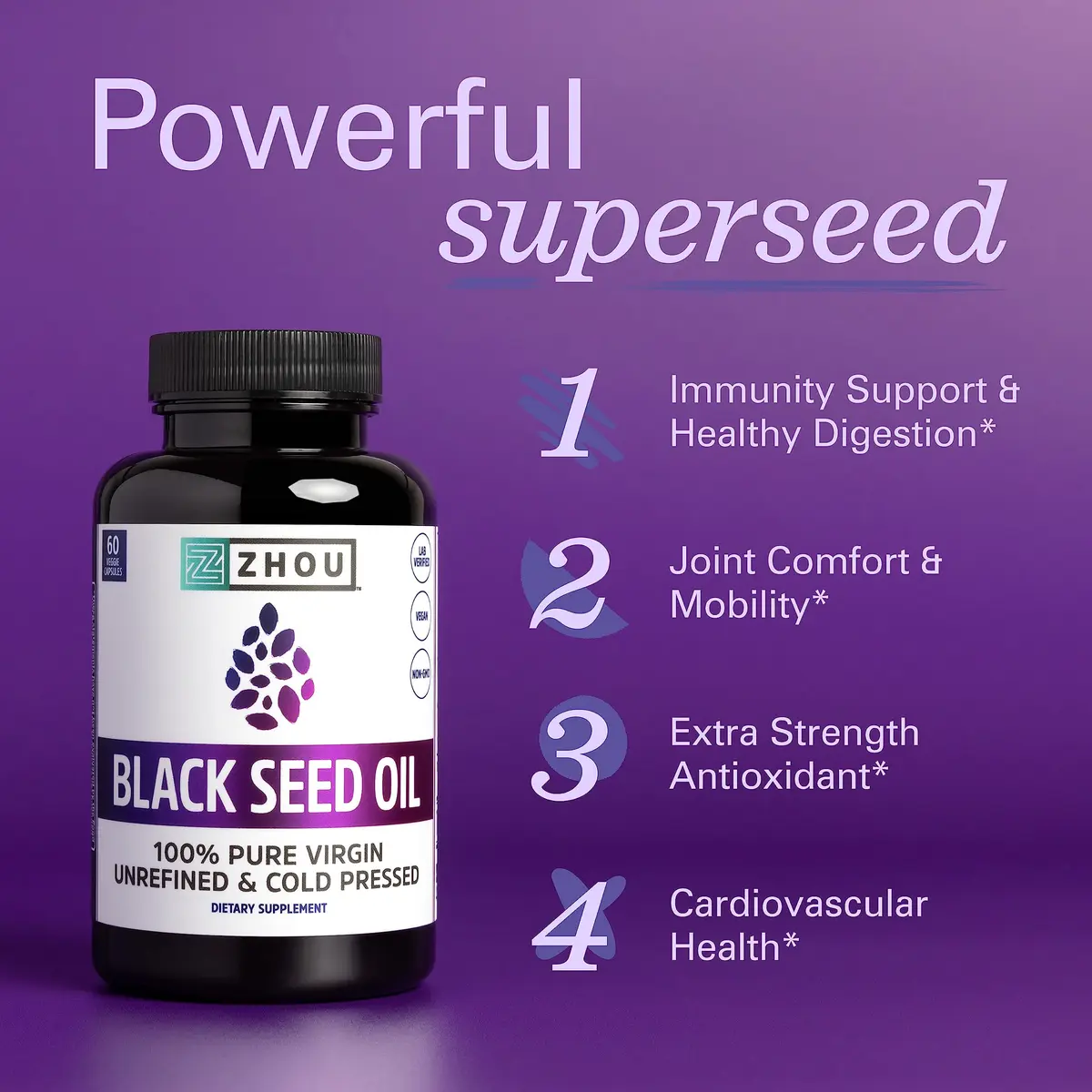 ZHOU Black Seed Oil Capsules 60 Count (Pack of 1) | Immune & Digestive Support with Thymoquinone - view 2