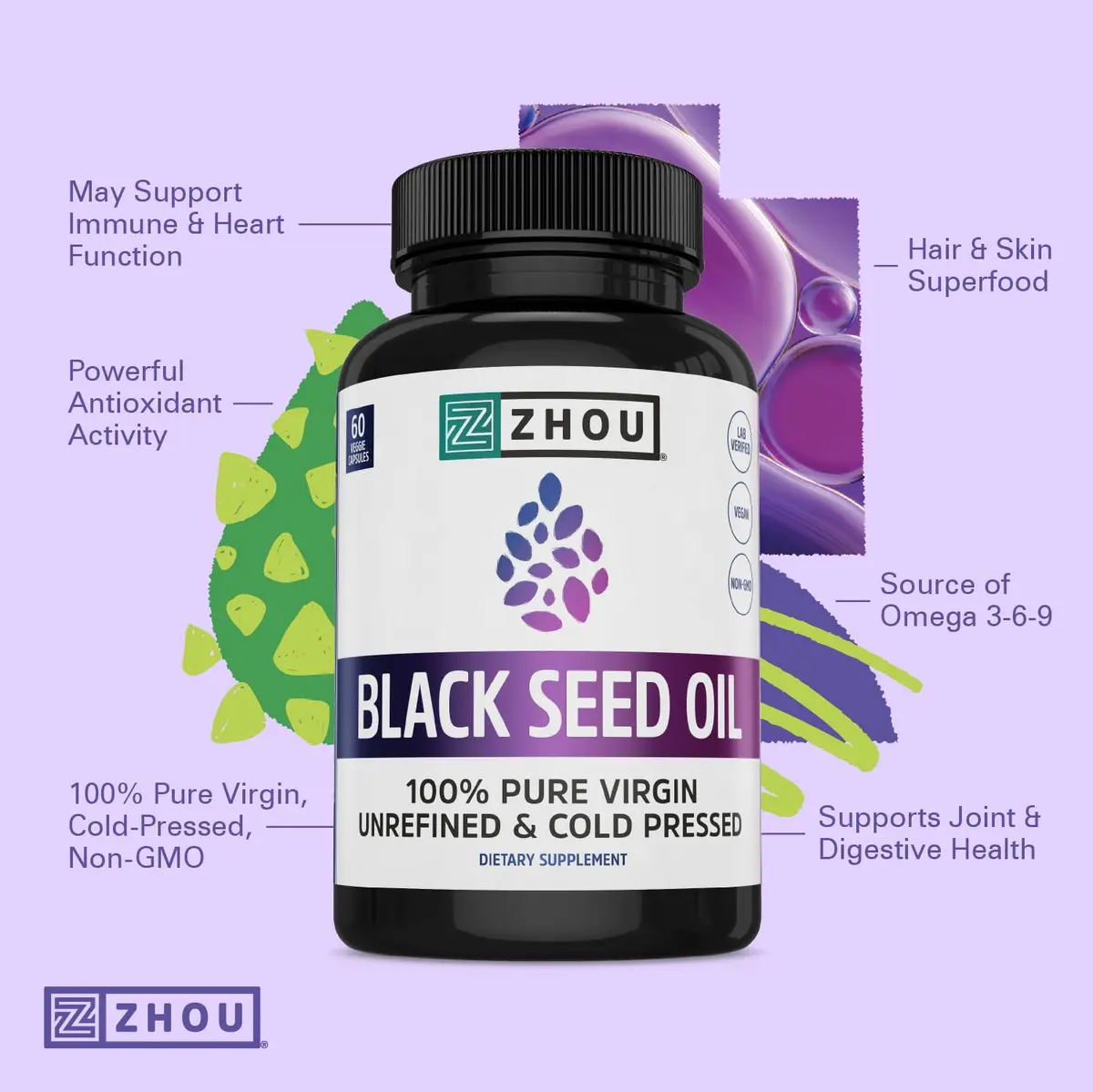 ZHOU Black Seed Oil Capsules 60 Count (Pack of 1) | Immune & Digestive Support with Thymoquinone - view 3