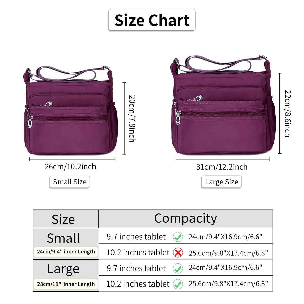 NOTAG Purple Nylon Crossbody Bag for Women, Large 31cm (12.2 inches) | Water Resistant Shoulder Bag with Adjustable Strap - view 5