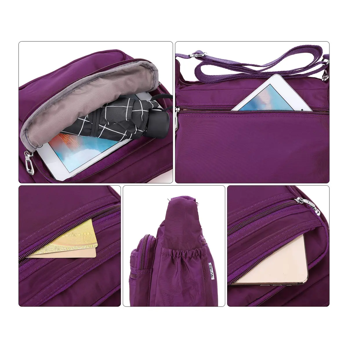 NOTAG Purple Nylon Crossbody Bag for Women, Large 31cm (12.2 inches) | Water Resistant Shoulder Bag with Adjustable Strap - view 7