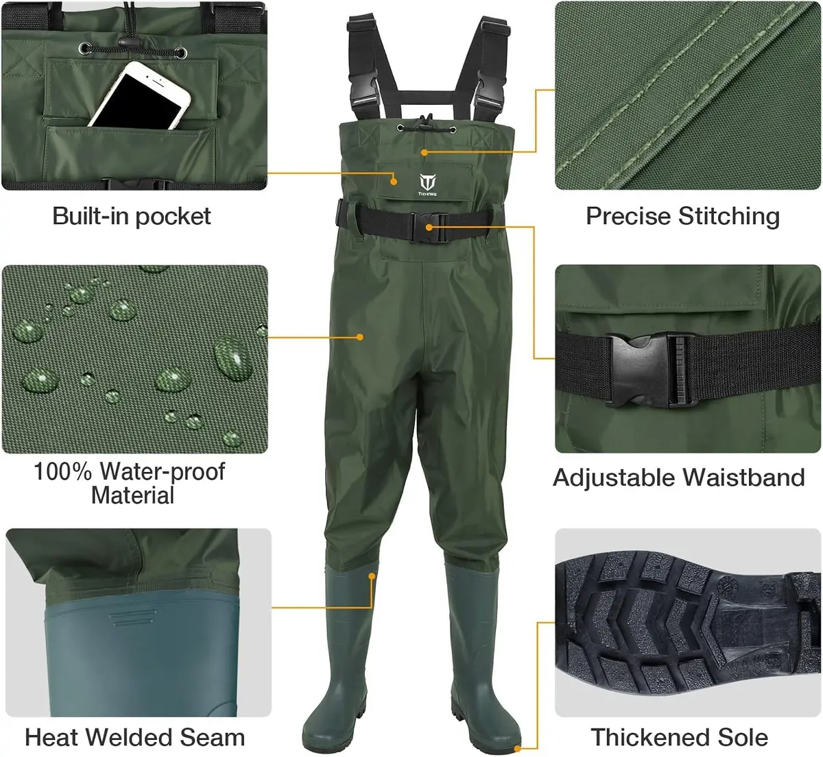 TIDEWE Chest Waders for Men Women Waterproof Fishing Waders GN M14 | Durable 420D Nylon & PVC, Lightweight & Comfortable (70-120 chars) - view 3