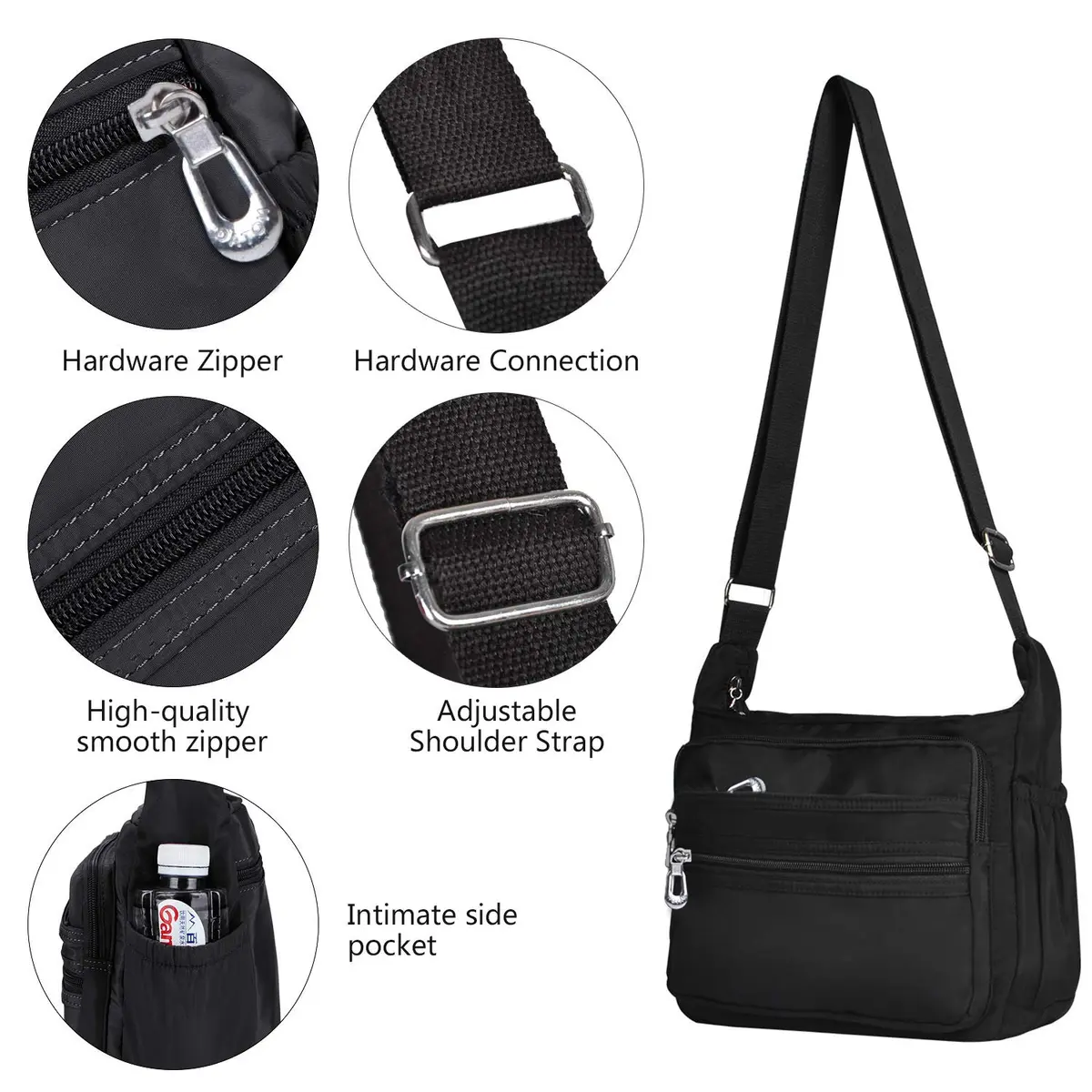 NOTAG Large Black Crossbody Bag for Women | Water Resistant Nylon Purse with Adjustable Strap & Multi-Pocket - view 5