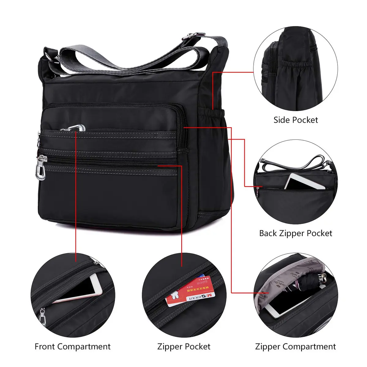 NOTAG Large Black Crossbody Bag for Women | Water Resistant Nylon Purse with Adjustable Strap & Multi-Pocket - view 6