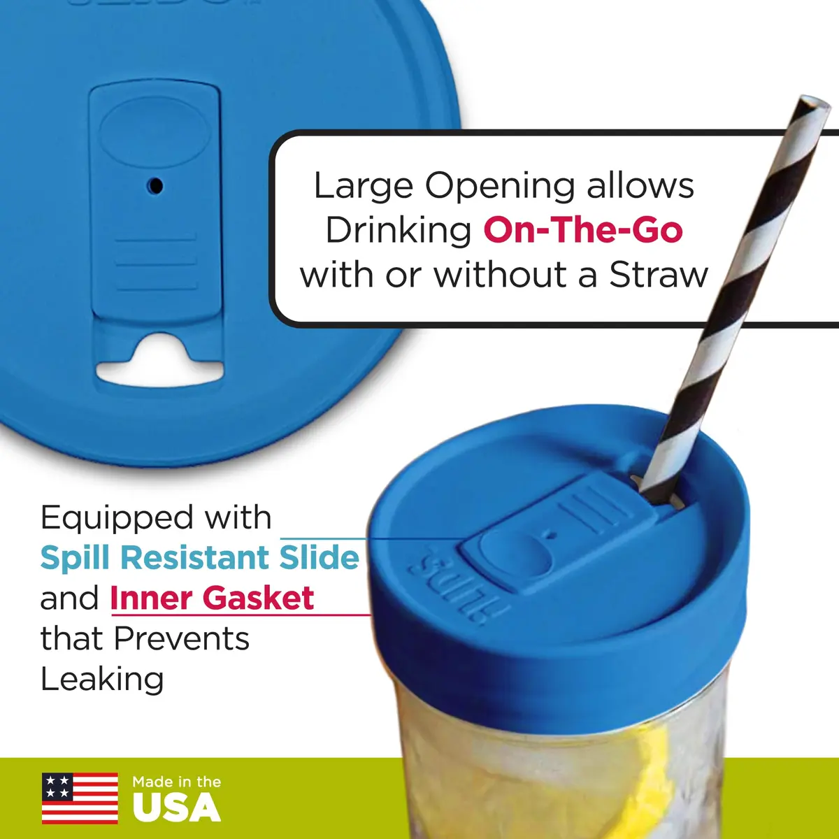 iLIDS Mason Jar Drink Lid, Wide Mouth, Sky Blue, 2 Pack | Spill-Resistant BPA-Free USA Made - view 3
