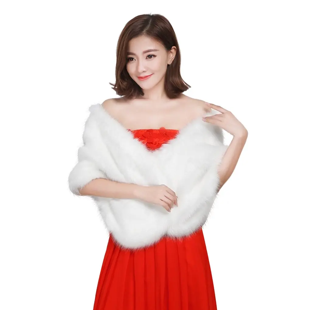 FakeFace Women White Faux Fur Shawl Capelet Long Wedding Bridal Cape Wrap Stole | Elegant Winter Accessory - view 2