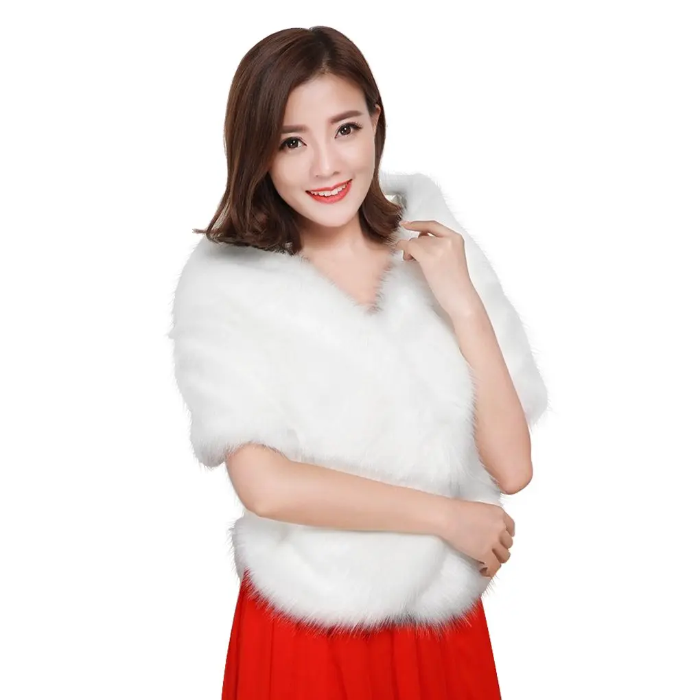 FakeFace Women White Faux Fur Shawl Capelet Long Wedding Bridal Cape Wrap Stole | Elegant Winter Accessory - view 3
