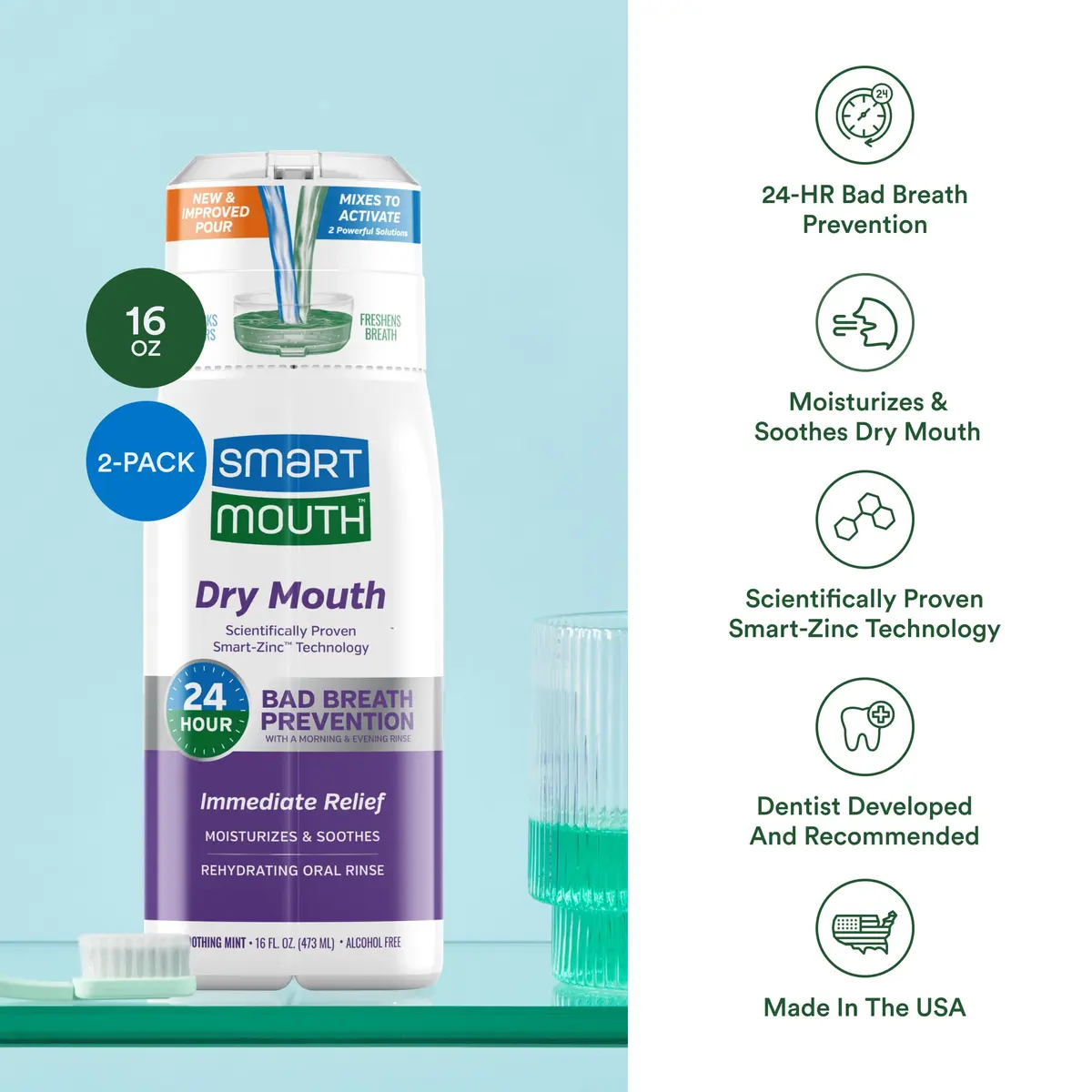 SmartMouth Dry Mouth Zinc Activated Mouthwash, Mint, 16 fl oz (473 ml) | Moisturizes & Eliminates Bad Breath - view 4