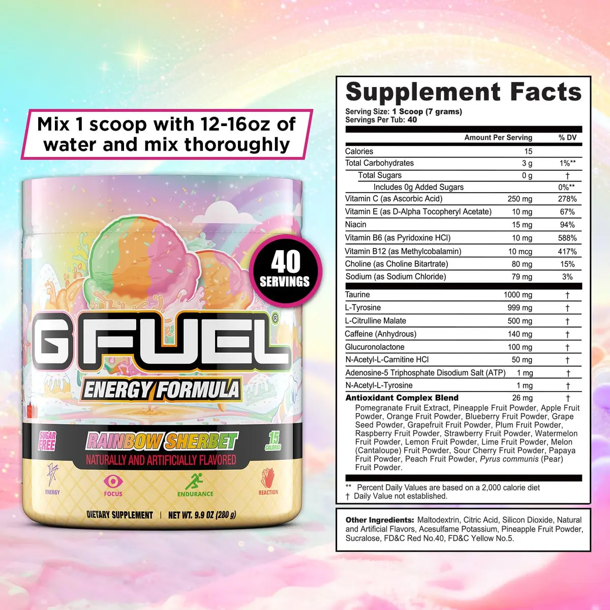 G Fuel Rainbow Sherbet Sugar Free Energy Drink Powder | Focus & Antioxidants, 9.9oz - view 3