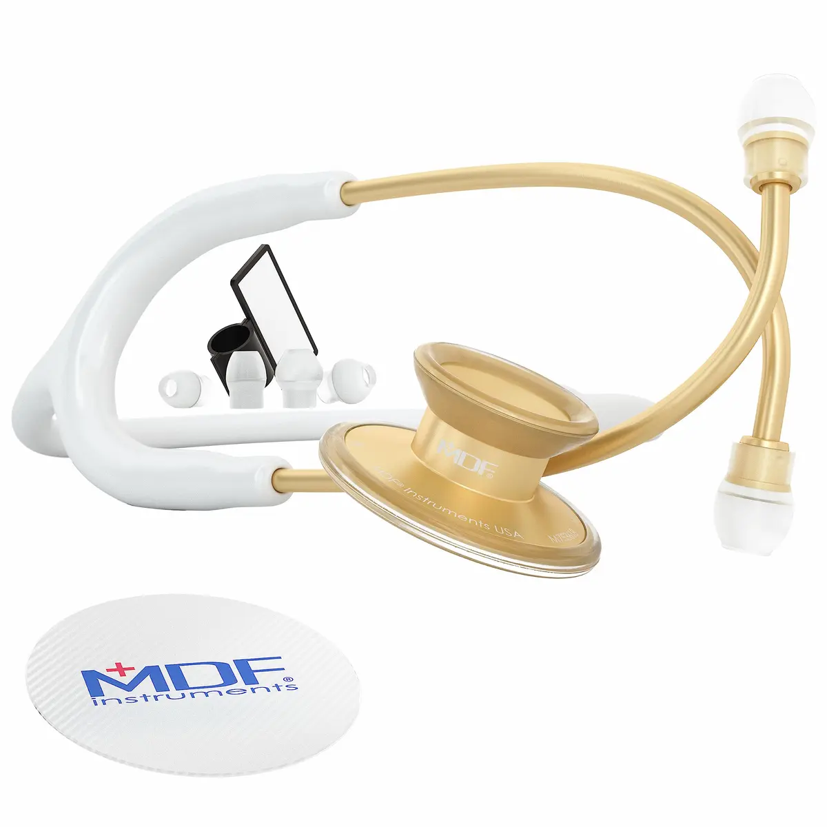 MDF Instruments Acoustica Lightweight Stethoscope for Adults Dual Head White Tube Gold Chestpiece | Trusted Diagnostic Tool - main product image