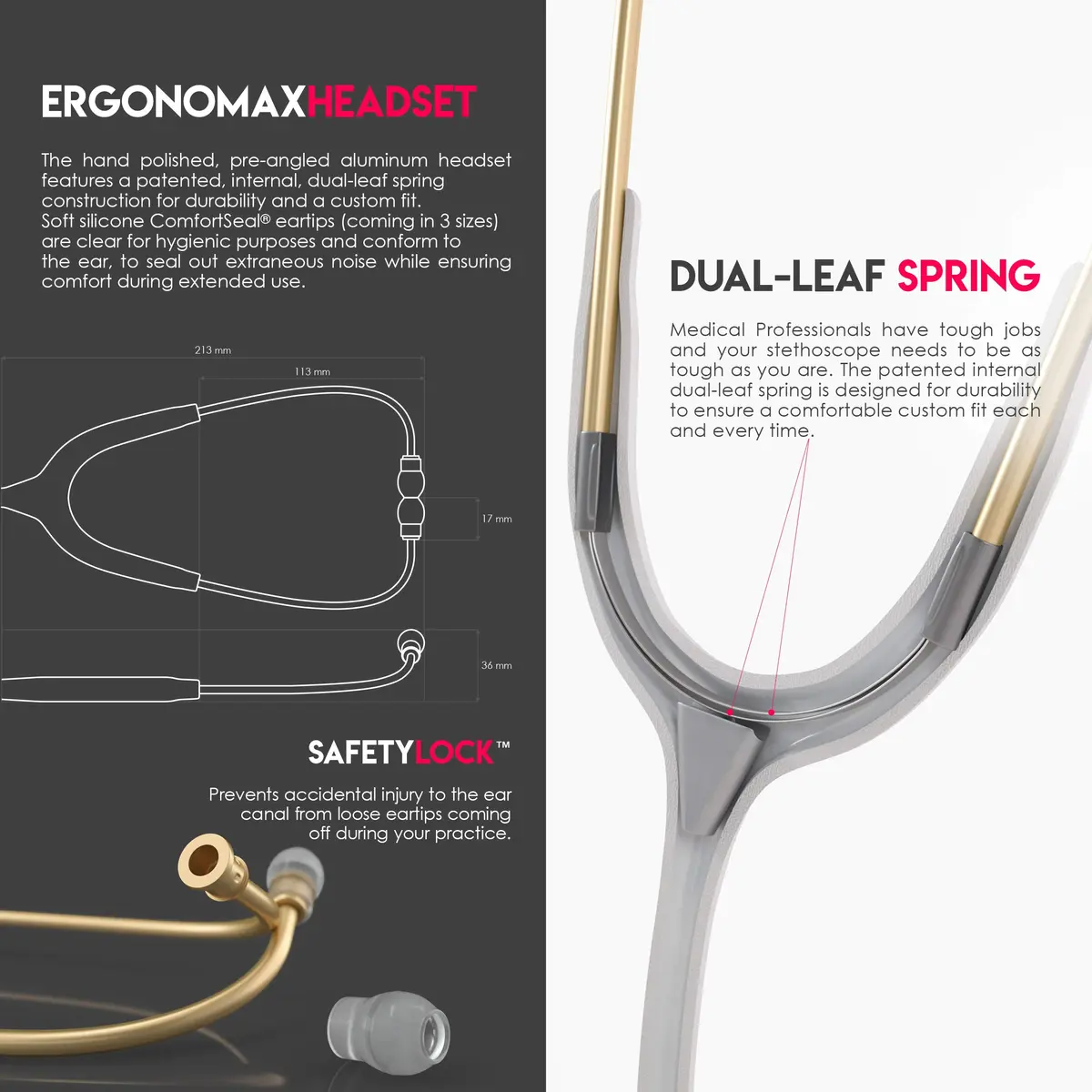 MDF Instruments Acoustica Lightweight Stethoscope for Adults Dual Head White Tube Gold Chestpiece | Trusted Diagnostic Tool - view 5